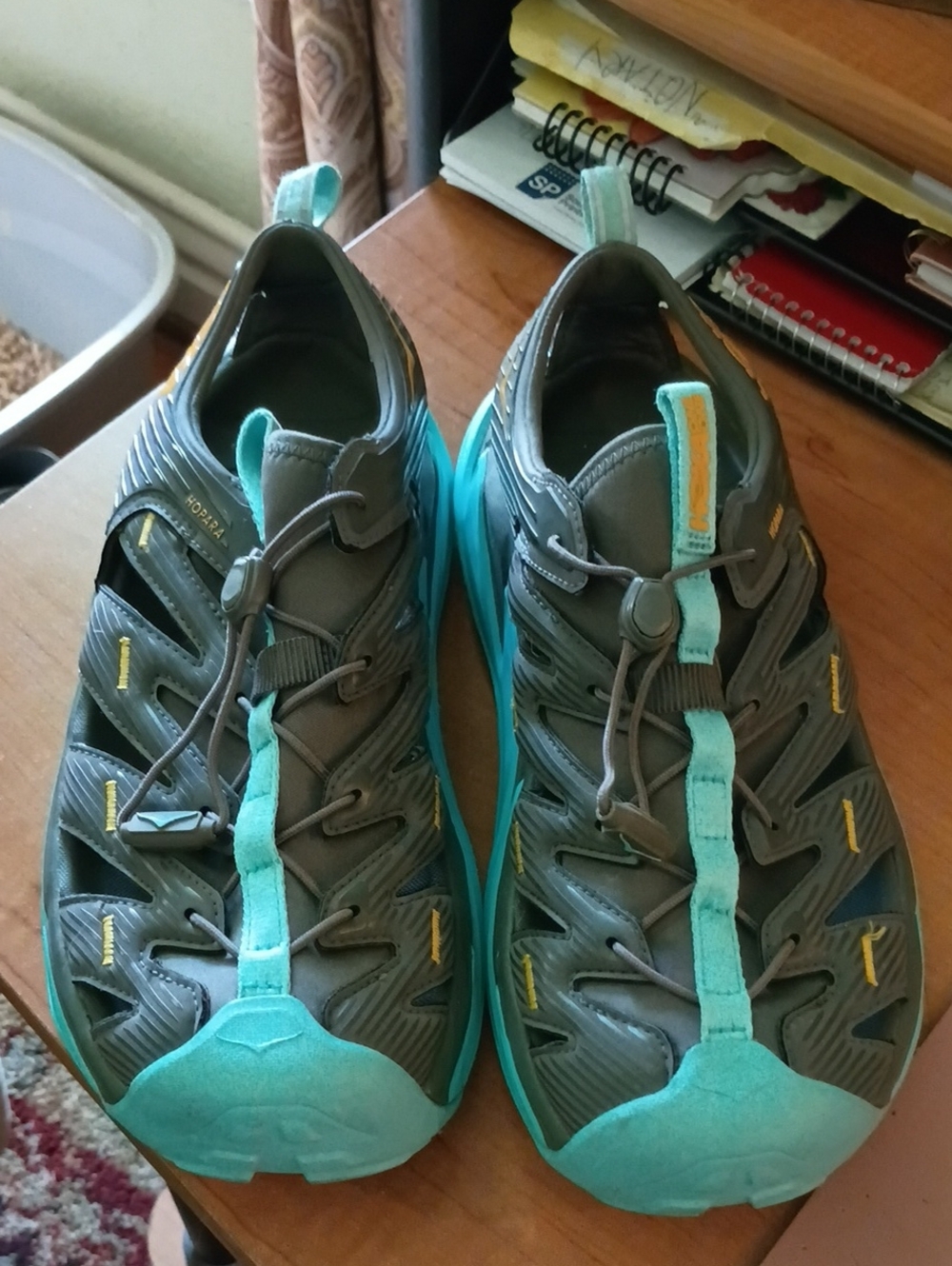 Hoka One One Gray Shoe with Teal Logo Accent